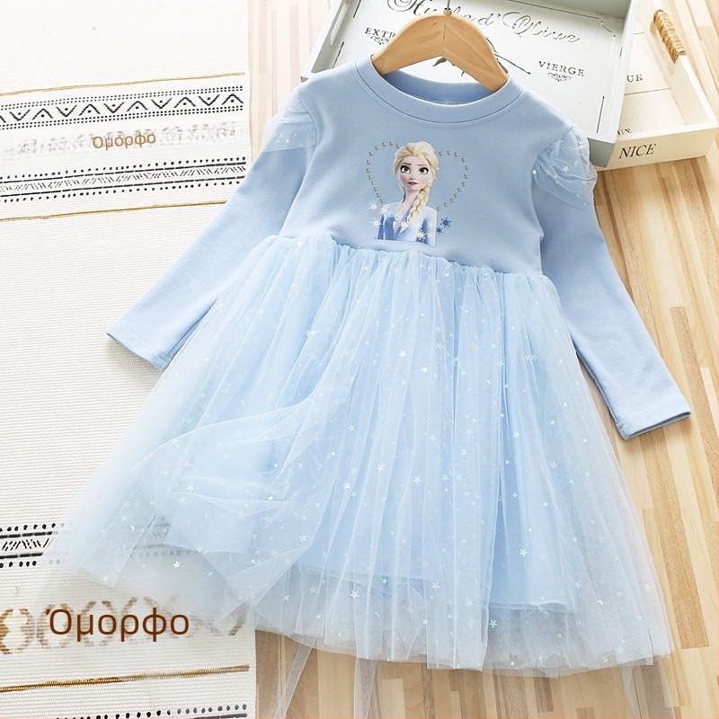 Φόρεμα για κορίτσια Φθινόπωρο και Χειμώνας 2025 Βρεφικό φόρεμα από βαμβάκι με μακριά μανίκια και πλέγμα για μικρά κορίτσια, φόρεμα με αστέρια και πριγκίπισσα Έλσα