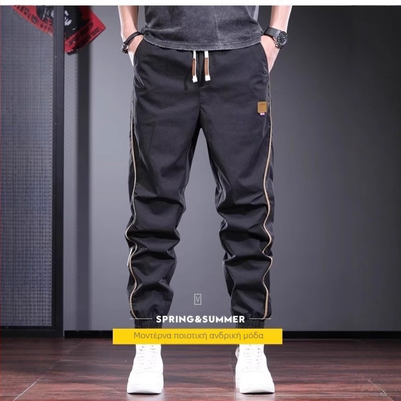 Καλοκαιρινά λεπτά, casual παντελόνια, μοντέρνα, αθλητικά κολάν με niche design, 2025, νέα, ευέλικτα, μαύρα ανδρικά παντελόνια