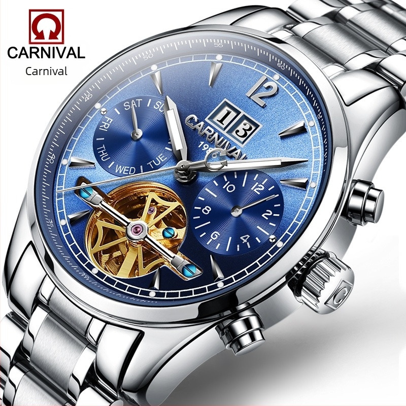 Αυτόματο μηχανικό ρολόι Carnival για άνδρες, αδιάβροχο, πολυλειτουργικό ρολόι μόδας για επιχειρήσεις, μια γενιά του 8730