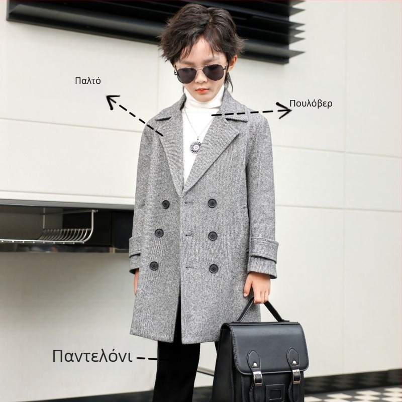 Μάλλινο παλτό για αγόρια, φθινοπωρινό και χειμωνιάτικο, ευέλικτο αντιανεμικό, δυτικού τύπου, ζεστό, μεσαίου μήκους, παιδικό μάλλινο παλτό σε κορεατικό στιλ, όμορφο