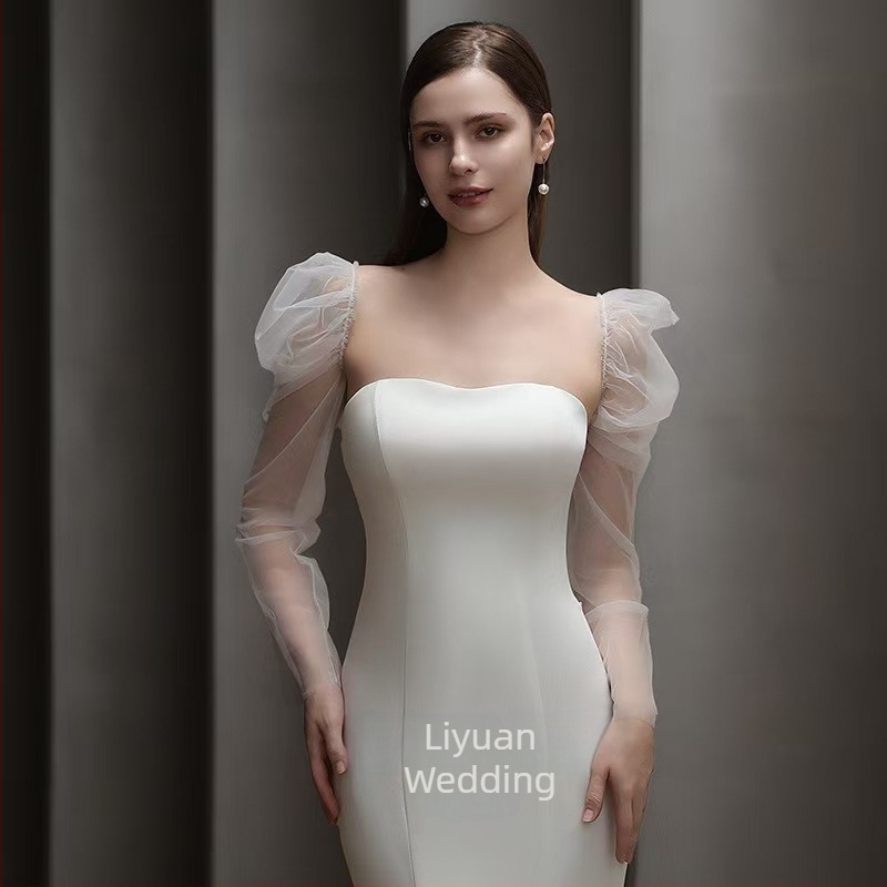 απλό απαλό νήμα μακρύ διαφανές τούλι κρεμ-λευκό νύφη φωτογραφία κυρίας αντηλιακή προστασία με μανίκι φορέματος