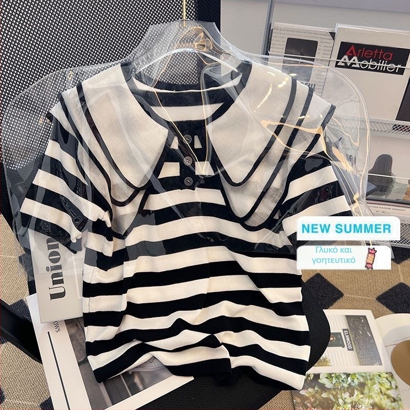 Γυναικείο κομψό αδυνατιστικό μπλουζάκι με ριγέ ρετρό κολάρο κούκλας, άνετο, 120-150 κιλά, κομψό και νεανικό
