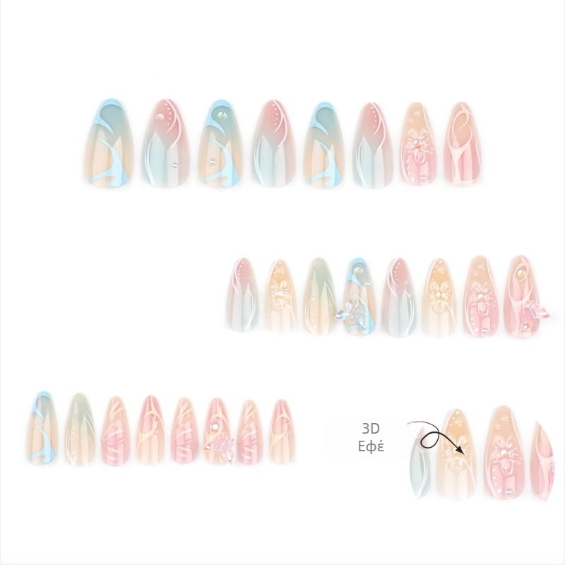 Summer Fresh Wear Armor 3D Butterfly Nail Art Κοντό Αμύγδαλο Ψεύτικο Νύχι Snob Bubble Beads Nails