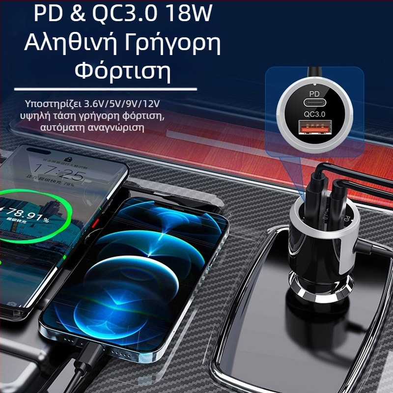 Κάρτα Bluetooth TF αυτοκινήτου χωρίς απώλειες, ποιότητα ήχου, πολύχρωμος αναπαραγωγέας φωτισμού περιβάλλοντος, γρήγορη φόρτιση δύο κατευθύνσεων, ανίχνευση τάσης 18W σε πραγματικό χρόνο