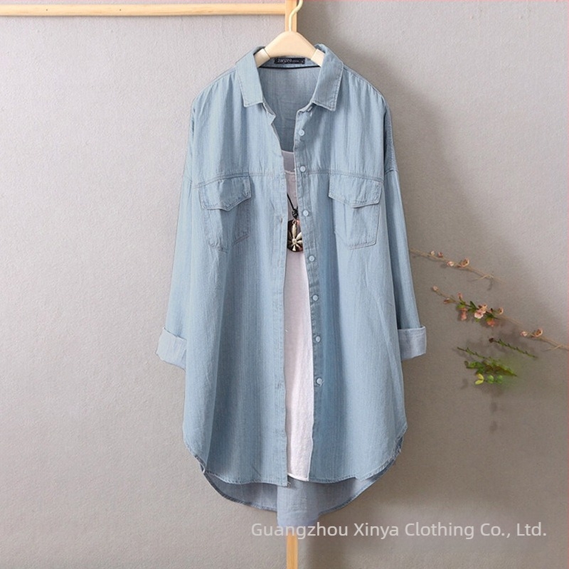 Φθινόπωρο 2022 Νέο μονόπετο μπλε κομψό τζιν ζακέτα με μακριά μανίκια, μονόχρωμο βαμβακερό πουκάμισο με πέτο