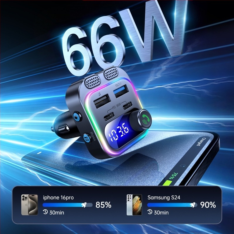 Νέο Bluetooth Fm Player Αυτοκινήτου με Πολύχρωμο Ατμοσφαιρικό Φως, MP3 Player Bluetooth Αυτοκινήτου Pd30W+Qc18W