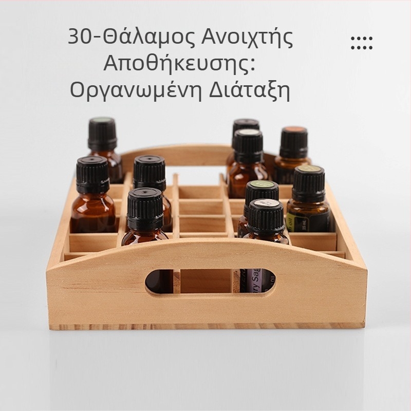 Διασυνοριακό σε απόθεμα Ράφι επίδειξης αιθέριων ελαίων Dotteri 30-πλέγματος Αποθήκευση μπουκαλιών αιθέριων ελαίων Ξύλινο κουτί συσκευασίας Κουτί αποθήκευσης δώρου