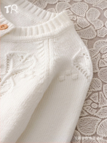 Φθινοπωρινά Ρούχα για Μωρά, Western Style, Πλεκτό Παλτό με Μακρυμάνικο, Κρεμ-λευκό Στρογγυλό Ντεκολτέ, Μακρυμάνικο, Καρδιά, Κούφιο, Διαμαντένιο Κουμπί