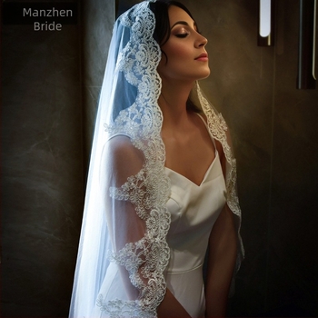 Λευκό Νυφικό Πέπλο Manzhen με Δαντέλα Χωρίς/Με Χτένι, Πέπλο Γάμου σε Στυλ Προηγμένου Φωτογραφικού Στούντιο M49