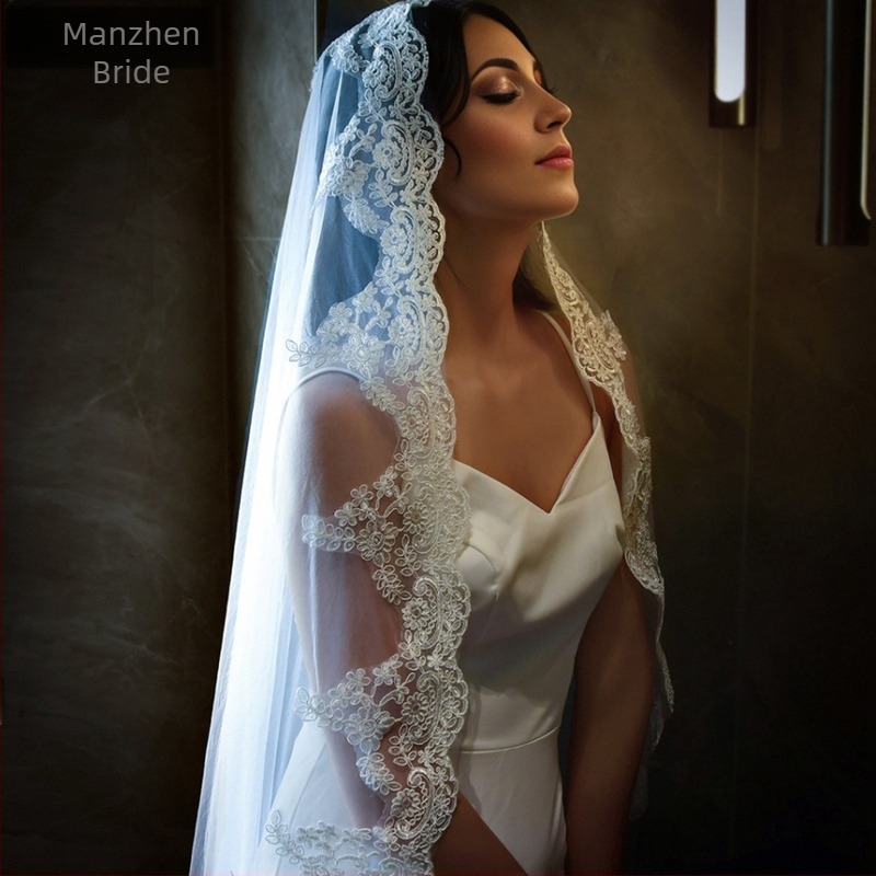Λευκό Νυφικό Πέπλο Manzhen με Δαντέλα Χωρίς/Με Χτένι, Πέπλο Γάμου σε Στυλ Προηγμένου Φωτογραφικού Στούντιο M49