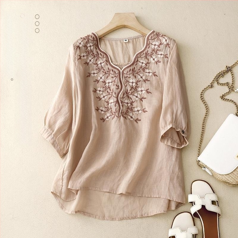 Γυναικείο καλοκαιρινό τοπ με κέντημα από βαμβάκι και λινό, χαλαρό σχέδιο, niche πουκάμισο από βαμβάκι και λινό, μικρό πουκάμισο 2023 Νέο