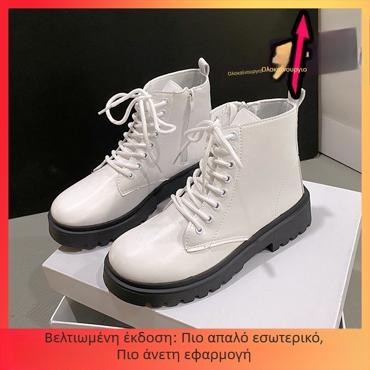 Βρετανικές μπότες μεγάλου μεγέθους για το φθινόπωρο και τον χειμώνα 2025, νέες λευκές γυναικείες μπότες με χοντρό τακούνι και στρογγυλή μύτη, γυναικείες μπότες με κορδόνια