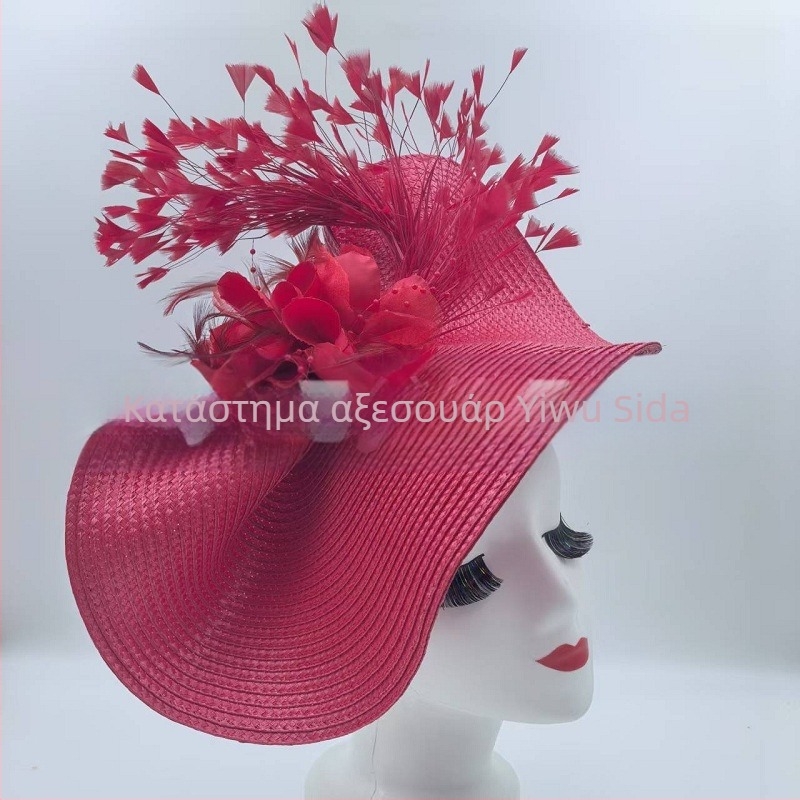 Amazon Hot Selling Ευρωπαϊκό και Αμερικανικό Καπέλο με Υπερβολικό Λουλούδι Φτερό Ψάθινο Καπέλο Ιδιοσυγκρασία Διασημοτήτων Φεστιβάλ Ιπποδρομιών Νυφική στέκα