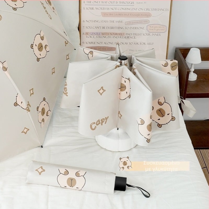 Αυτόματη ομπρέλα Capibala χαριτωμένη γυναικεία πτυσσόμενη ομπρέλα κινουμένων σχεδίων Capybara Sunny and Rain διπλής χρήσης αντηλιακή μαύρη ομπρέλα από καουτσούκ