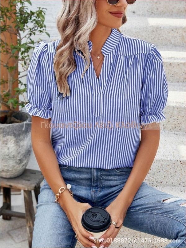 Γυναικεία ρούχα για το καλοκαίρι του 2025, καυτά στο Amazon, γρήγορη αγορά, ευρωπαϊκή και αμερικανική μόδα εξωτερικού εμπορίου, casual, χαλαρή κάθετη ρίγα, επένδυση με κοντό μανίκι