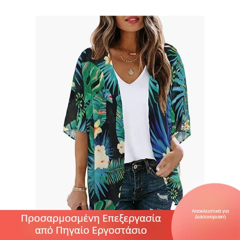 2023 Amazon Ευρώπη και Αμερική Διασυνοριακό Εξωτερικό Εμπόριο Νέα Ζεστή Ζακέτα Διακοπών από Σιφόν με Τυπωμένη Αντηλιακή Μπλούζα Παραλίας