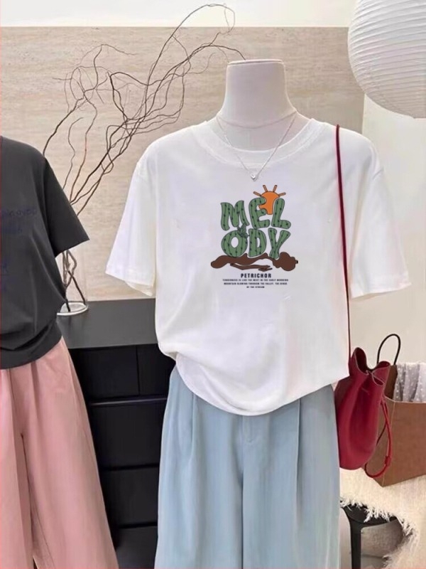 Καλοκαιρινό, Νέο Μοντέρνο T-shirt με Κοντομάνικο Στυλ, Γυναικείο T-shirt μεσαίου μήκους, Φοιτητικό, Κορεάτικο Στυλ