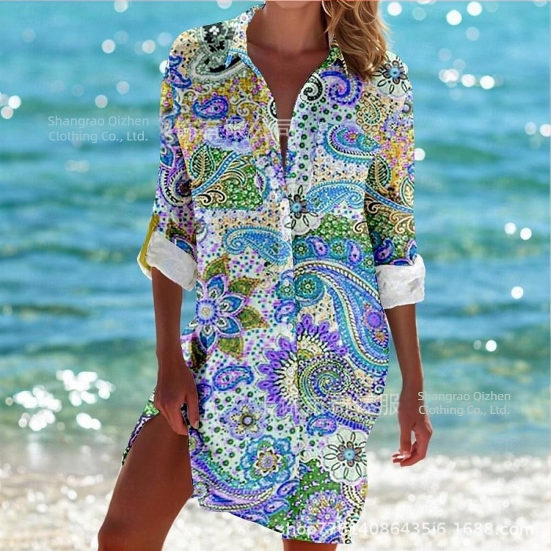 Διασυνοριακό Εξωτερικό Εμπόριο Άνοιξη και Καλοκαίρι 2025 Νέο Amazon Independent Station με τις καλύτερες πωλήσεις, Παραθαλάσσιο μπλουζάκι με μακριά μανίκια και πέτο σε στυλ θέρετρου