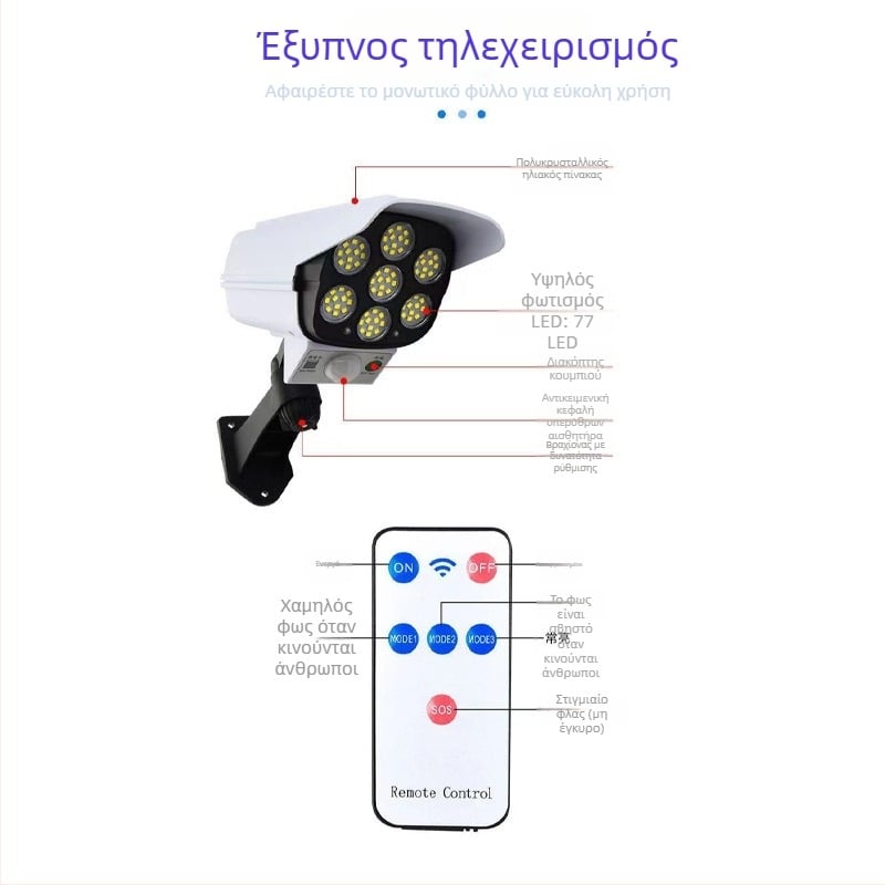 Ηλιακός εξωτερικός LED φωτισμός δρόμου με αισθητήρα κίνησης και σχεδίαση προσομοίωσης καμερας, IP65, 10W, 3.7V, διάρκεια ζωής 10.000 h