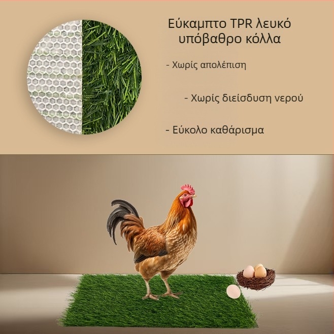 Ματ για πουλερικά από τεχνητό χλοοτάπητα; Υλικά: πολυπροπυλένιο, TPR; Κατάλληλο για εκτροφείς πουλερικών, φάρμες και ιδιοκτήτες κατοικίδιων πτηνών; Πλένεται και επαναχρησιμοποιείται.