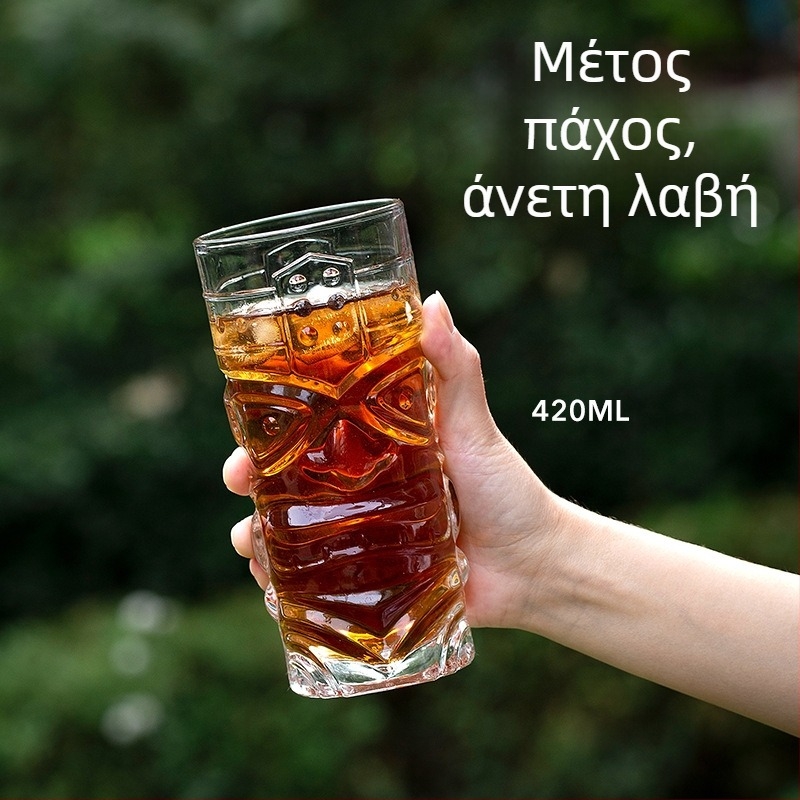 Three Carats Γυάλινο Tiki Κύπελλο Κοκτέιλ με Σχέδιο Γκριμάτσας, Χωρητικότητα 301-400 ml, Λεπτή Πολυτέλεια Ρετρό Στυλ