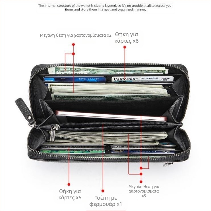 Ανδρικό μακρύ πορτοφόλι από γνήσιο δέρμα με δέρμα πρώτου στρώματος, ανθεκτικό στη φθορά, πολυλειτουργικός σχεδιασμός, επένδυση πολυεστέρα