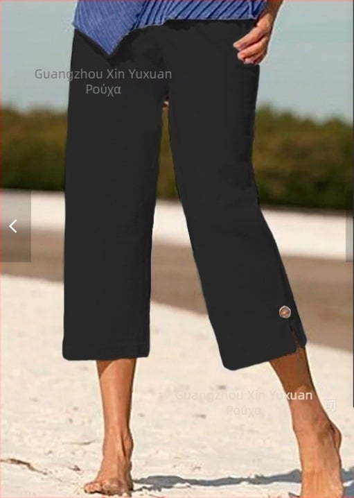 Γυναικείοι cropped παντελόνια από βαμβάκι και λινό, με ελαστική μέση, ίσιο κόψιμο, μικροελαστικότητα, καλοκαίρι 2025