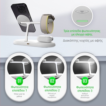 3-in-1 μαγνητική ασύρματη βάση φόρτισης με νυχτερινό φως — μεταλλική κατασκευή, συνολική ισχύς 25W, γρήγορη φόρτιση QC3.0, συμβατή με Apple και Samsung