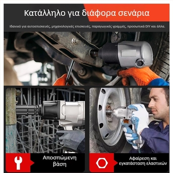 Αεροκίνητο κρουστικό εργαλείο με διπλό μηχανισμό κρούσης, έλεγχο avec διακόπτη αέρα, για αφαίρεση ελαστικών αυτοκινήτων και μοτοσικλετών.