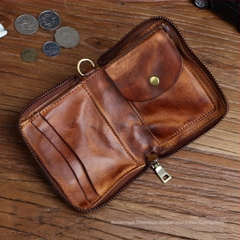 Χειροποίητο πορτοφόλι από δέρμα βοδινού φυτικής βαφής με φερμουάρ, ρετρό γυναικείο τσαντάκι-πορτοφόλι, δερμάτινη επένδυση, προστασία κατά κλοπής, αδιάβροχο