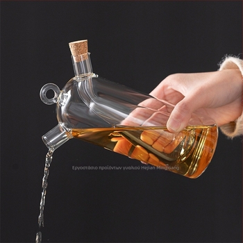 Διπλό θερμοανθεκτικό γυάλινο δοχείο λαδιού με σφραγίδα φελλού, διπλής χρήσης για λάδι και σάλτσες, μοντέρνο μινιμαλιστικό στυλ, δυνατότητα εκτύπωσης λογότυπου