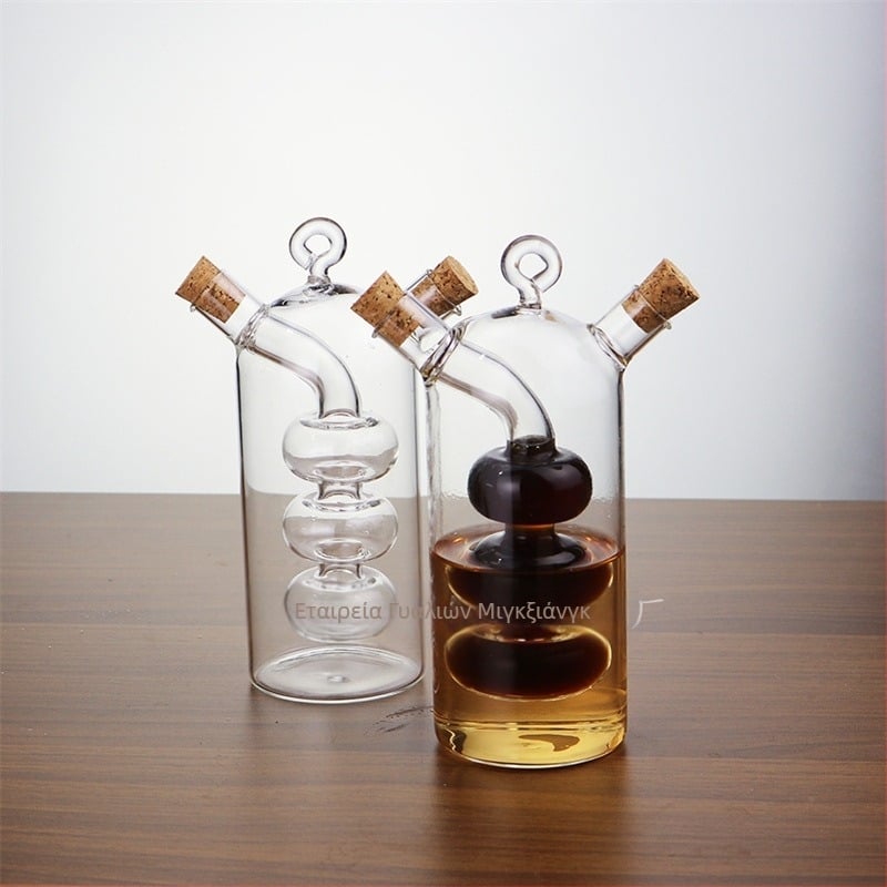 Διπλό θερμοανθεκτικό γυάλινο δοχείο λαδιού με σφραγίδα φελλού, διπλής χρήσης για λάδι και σάλτσες, μοντέρνο μινιμαλιστικό στυλ, δυνατότητα εκτύπωσης λογότυπου