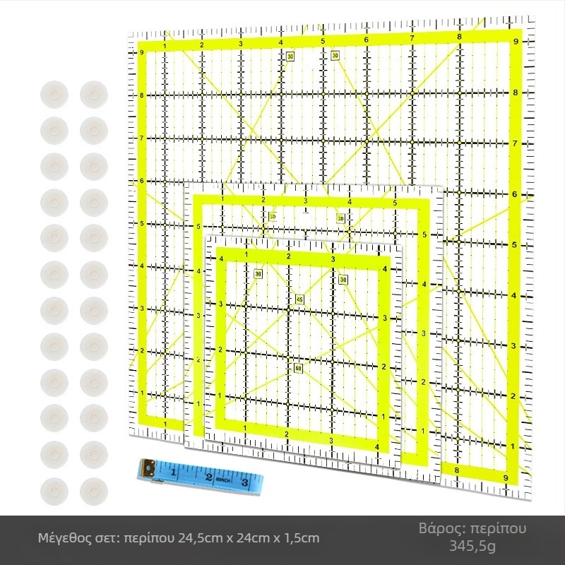 Γωνιακός χάρακας για ραφή patchwork, πλαστικός, με κλίμακα σε ίντσες και διχρωμες γραμμές πλέγματος για quilting
