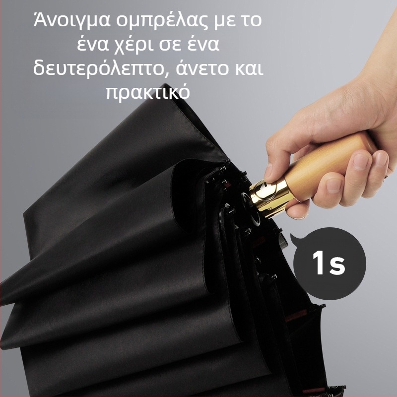 Αυτόματη ομπρέλα με ξύλινο χερούλι, 12 ραβδές, αντοχή στον άνεμο, UV προστασία UPF 40+, δυνατότητα εκτύπωσης λογοτύπου
