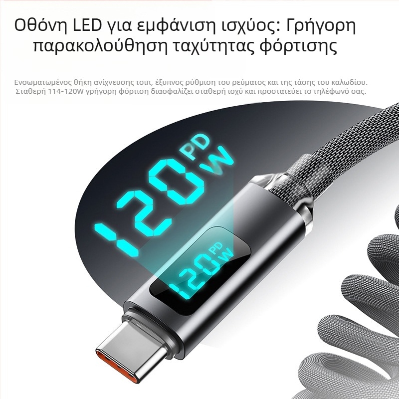 Καλώδιο USB-C γρήγορης φόρτισης με ψηφιακή οθόνη, Type-C διεπαφή, 120W, πλεκτό καλώδιο, μία κεφαλή Type-C