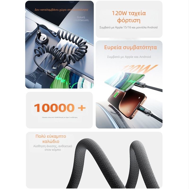 Καλώδιο USB-C γρήγορης φόρτισης με ψηφιακή οθόνη, Type-C διεπαφή, 120W, πλεκτό καλώδιο, μία κεφαλή Type-C