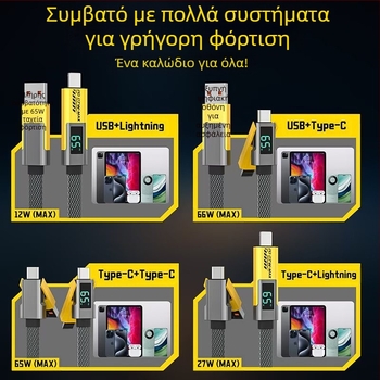 Τέσσερα-σε-ένα καλώδιο δεδομένων με ψηφιακή οθόνη για iPhone και Huawei Mate70, Lightning & USB-C, 100W PD γρήγορη φόρτιση, κράμα ψευδάργύρου