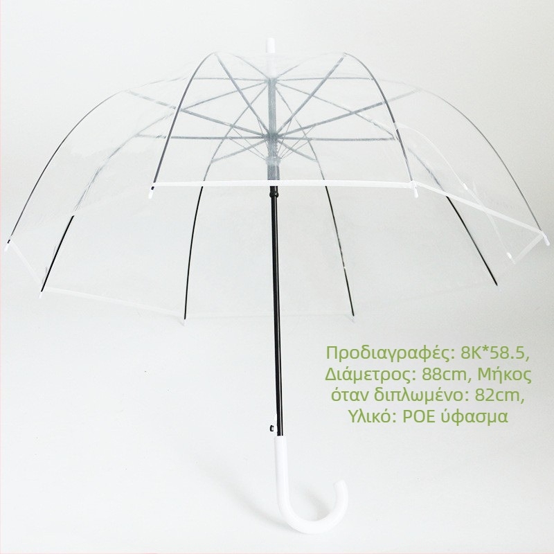 Ομπρέλα με μακριά λαβή, 16 βέργες, αυτόματη λειτουργία ανοίγματος, διαφανής PVC κάλυμμα, ευθύς σωλήνας, δυνατότητα εκτύπωσης λογότυπου
