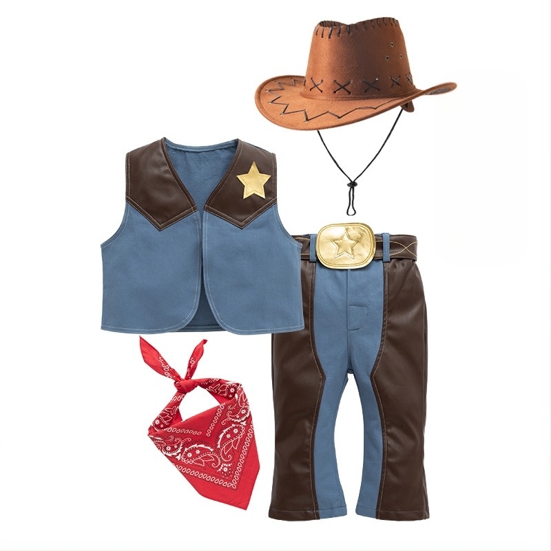Παιδικό κοστούμι δυτικού καουμπόι για ρόλους – σετ 4 τεμαχίων, 95% βαμβάκι, αποσπώμενη κουκούλα, χωρίς μανίκια, για αγόρια 3–8 ετών (100–140 εκ)