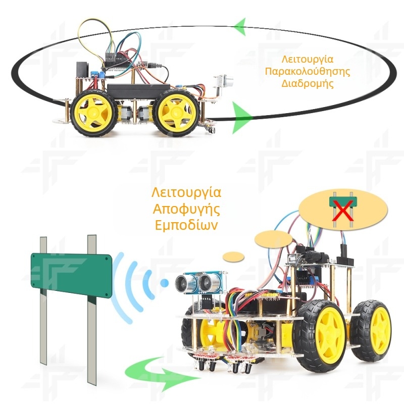 Σετ ρομπότ αυτοκινήτου συμβατό με Arduino Uno, με υπερηχητική αποφυγή εμποδίων και προγραμματιζόμενο εντοπισμό γραμμής