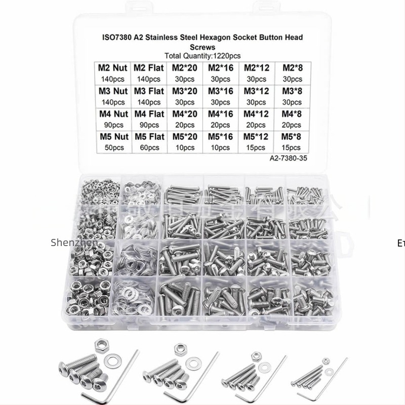 1220 τεμ. από ανοξείδωτο ατσάλι 304: βίδες με κυκλική κεφαλή και εσωτερικό εξάγωνο, γείωμα και επίπεδες φλάντζες, σε κουτί. Πρότυπο A2-7380-35; Μάρκα Jing Heng