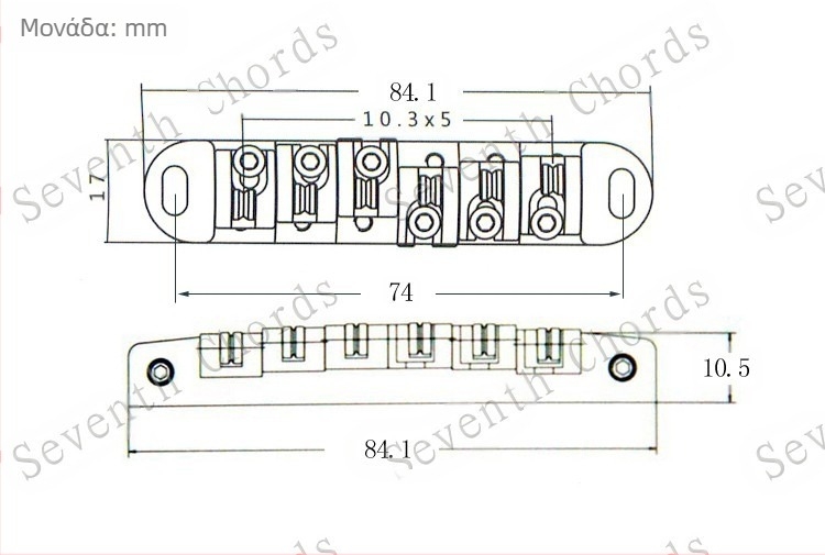 Γέφυρα ηλεκτρικής κιθάρας με κυλίνδρους-μπάλες, πλάκα χορδών και μεγάλες βίδες σύσφιξης; υλικό: κράμα σιδήρου-ψευδάργυρου