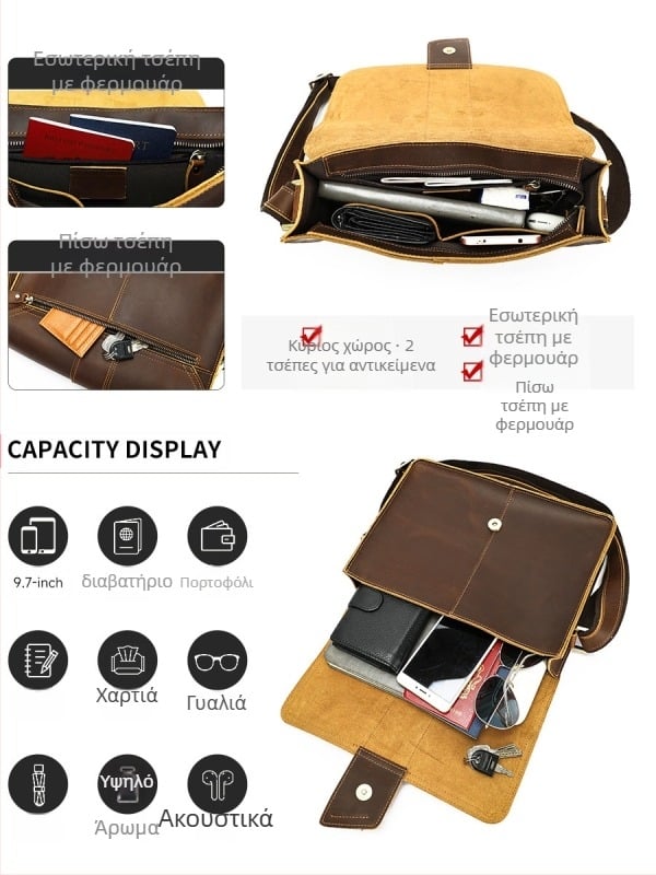 Ανδρική δερμάτινη τσάντα ώμου, δέρμα πρώτης ποιότητας, επένδυση πολυεστέρα, καλοκαίρι 2025, κατάλληλη για επιχειρηματικά ταξίδια