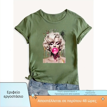 Μπλουζάκι με εκτύπωση πορτρέτου, γυναικείο με στρογγυλό λαιμό, κοντά μανίκια, χαλαρή γραμμή, πολυεστέρας