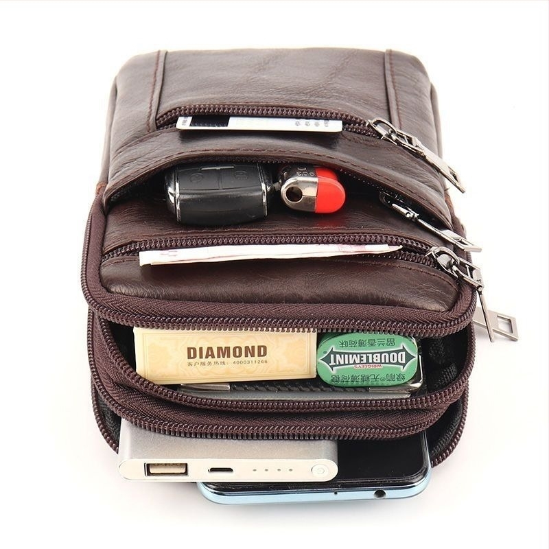 Τσάντα κινητής τηλεφωνίας από γνήσιο δέρμα, κορυφαίο στρώμα βοοειδούς δέρματος, κλείσιμο με φερμουάρ, κάθετος τετράγωνος σιλουέτα, επένδυση πολυεστέρα