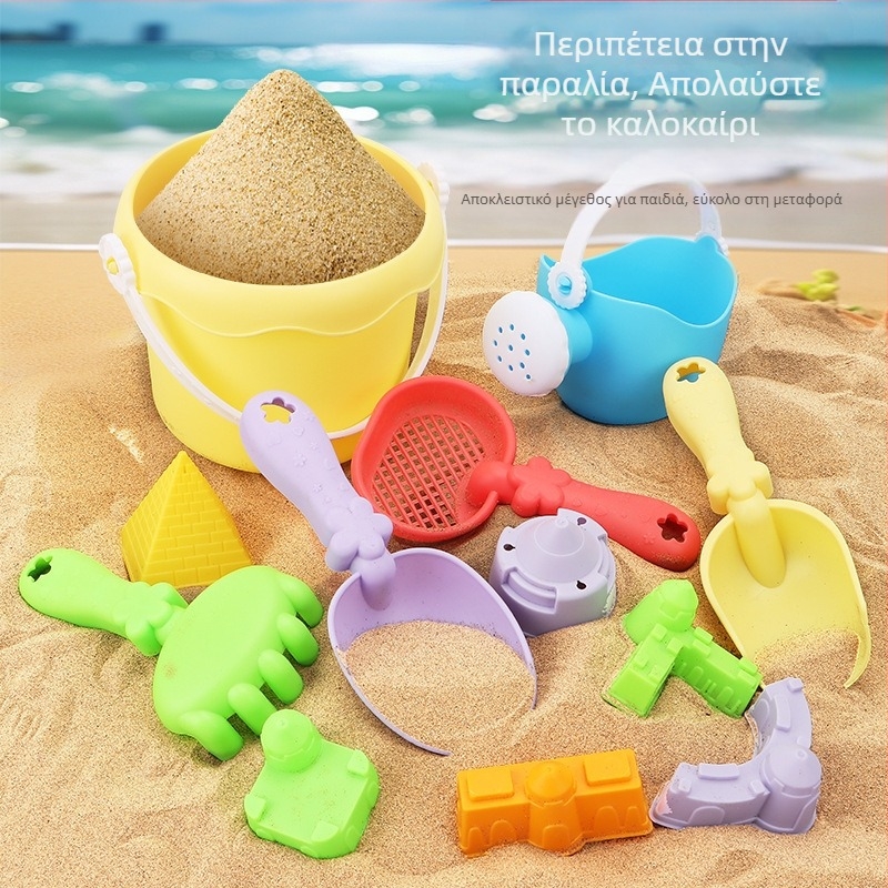Σετ εργαλείων παραλίας για παιχνίδι με άμμο: αναδιπλούμενος κάδος, φτυάρι και αξεσουάρ με κλεψύδρα – πλαστικό, για 4–6 ετών