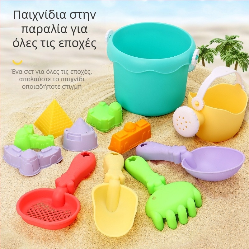Σετ εργαλείων παραλίας για παιχνίδι με άμμο: αναδιπλούμενος κάδος, φτυάρι και αξεσουάρ με κλεψύδρα – πλαστικό, για 4–6 ετών