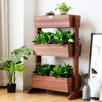 Ξύλινο πολυεπίπεδο ράφι γλαστρών, δάπεδο μπαλκονιού, μετακινούμενο, για λουλούδια και λαχανικά