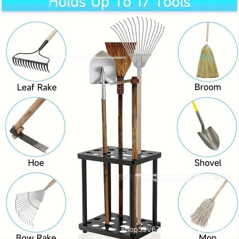 Μεταλλική ραφιέρα αποθήκευσης εργαλείων με επίστρωση πούδρας για γκαράζ/εξωτερική χρήση, θέσεις για φτυάρι και σκούπα