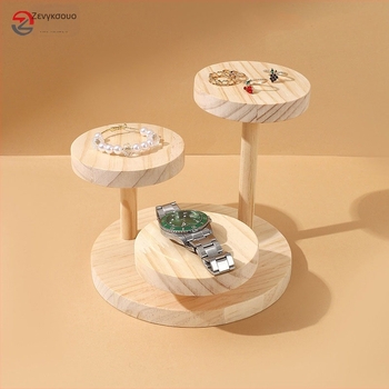 Ξύλινη βιτρίνα κοσμημάτων, στρογγυλή, τριών επιπέδων, περιστρεφόμενη βάση για δαχτυλίδια και ρολόγια